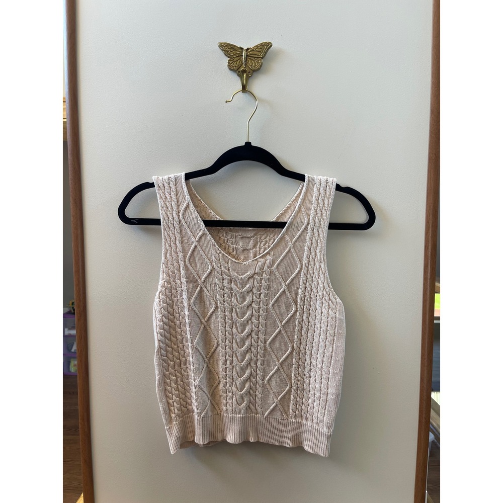 Cream Cable Knit Sweater Vest V-Neck Diamond Pattern Sleeveless Top Medium